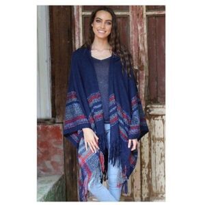 PONCHO  Hooded with Stripes & Fringe Hem